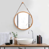 Hanging Round Wall Mirror 38 cm - Solid Bamboo Frame and Adjustable Leather Strap for Bathroom and Bedroom - Front View