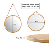 Hanging Round Wall Mirror 38 cm - Solid Bamboo Frame and Adjustable Leather Strap for Bathroom and Bedroom - Close-Up Angle