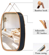 Hanging Full Length Wall Mirror - Solid Bamboo Frame and Adjustable Leather Strap for Bathroom and Bedroom - Close-Up Angle