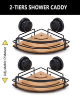 2 Pack Round Bamboo Corner Shower Caddy Shelf Basket Rack with Premium Vacuum Suction Cup No-Drilling for Bathroom and Kitchen - Side View