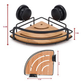 2 Pack Round Bamboo Corner Shower Caddy Shelf Basket Rack with Premium Vacuum Suction Cup No-Drilling for Bathroom and Kitchen - Low Angle