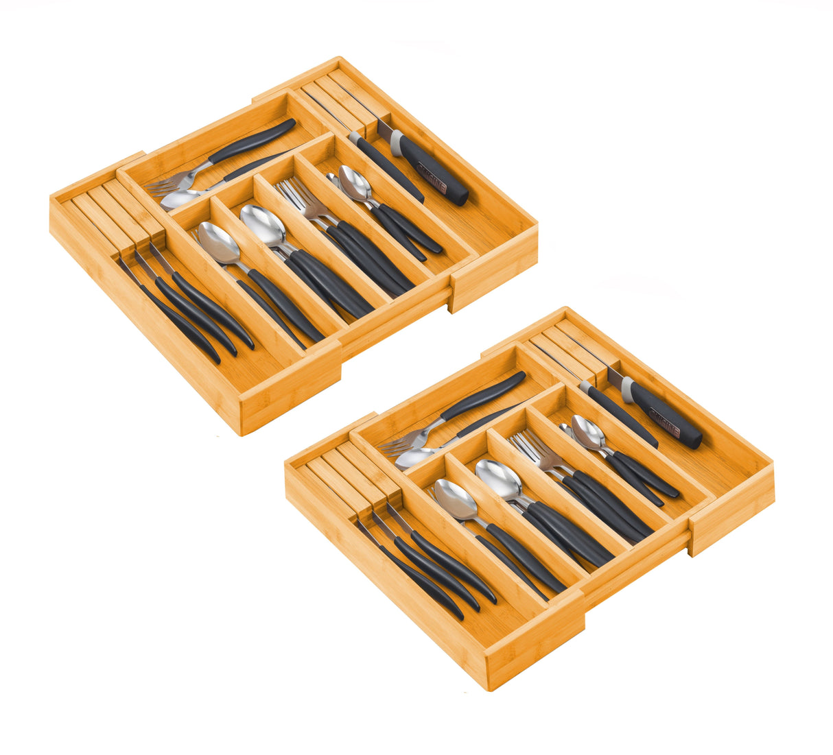 Bamboo Expandable Drawer Organizer Set with Knife Block - 2 Pack for Kitchen and Home Storage