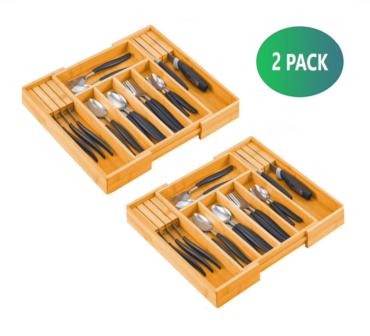 Bamboo Expandable Drawer Organizer Set with Knife Block - 2 Pack for Kitchen and Home Storage