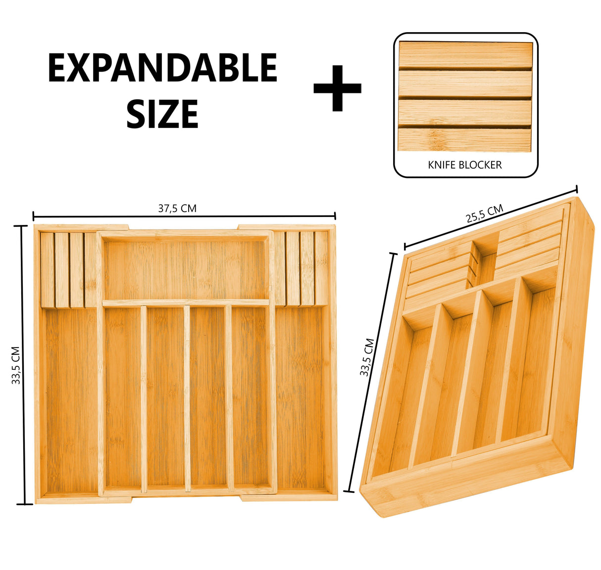 Bamboo Expandable Drawer Organizer Set with Knife Block - 2 Pack for Kitchen and Home Storage