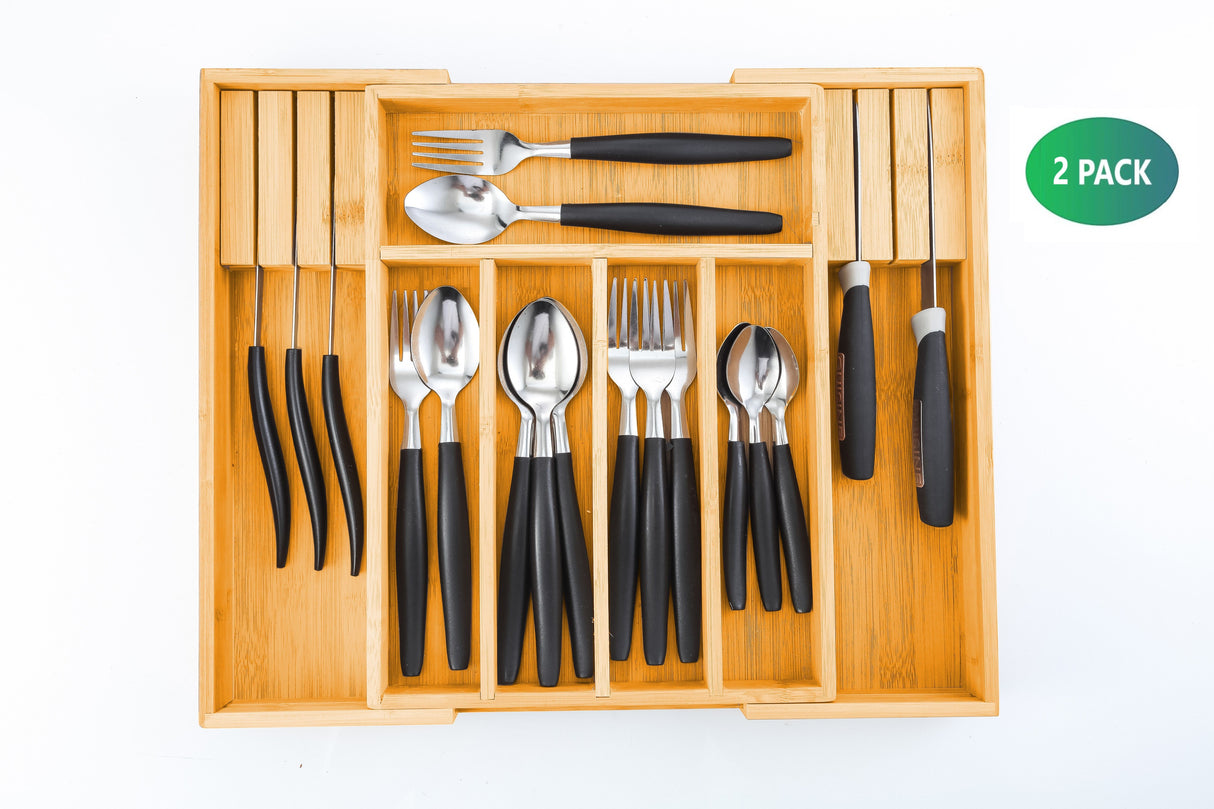 Bamboo Expandable Drawer Organizer Set with Knife Block - 2 Pack for Kitchen and Home Storage