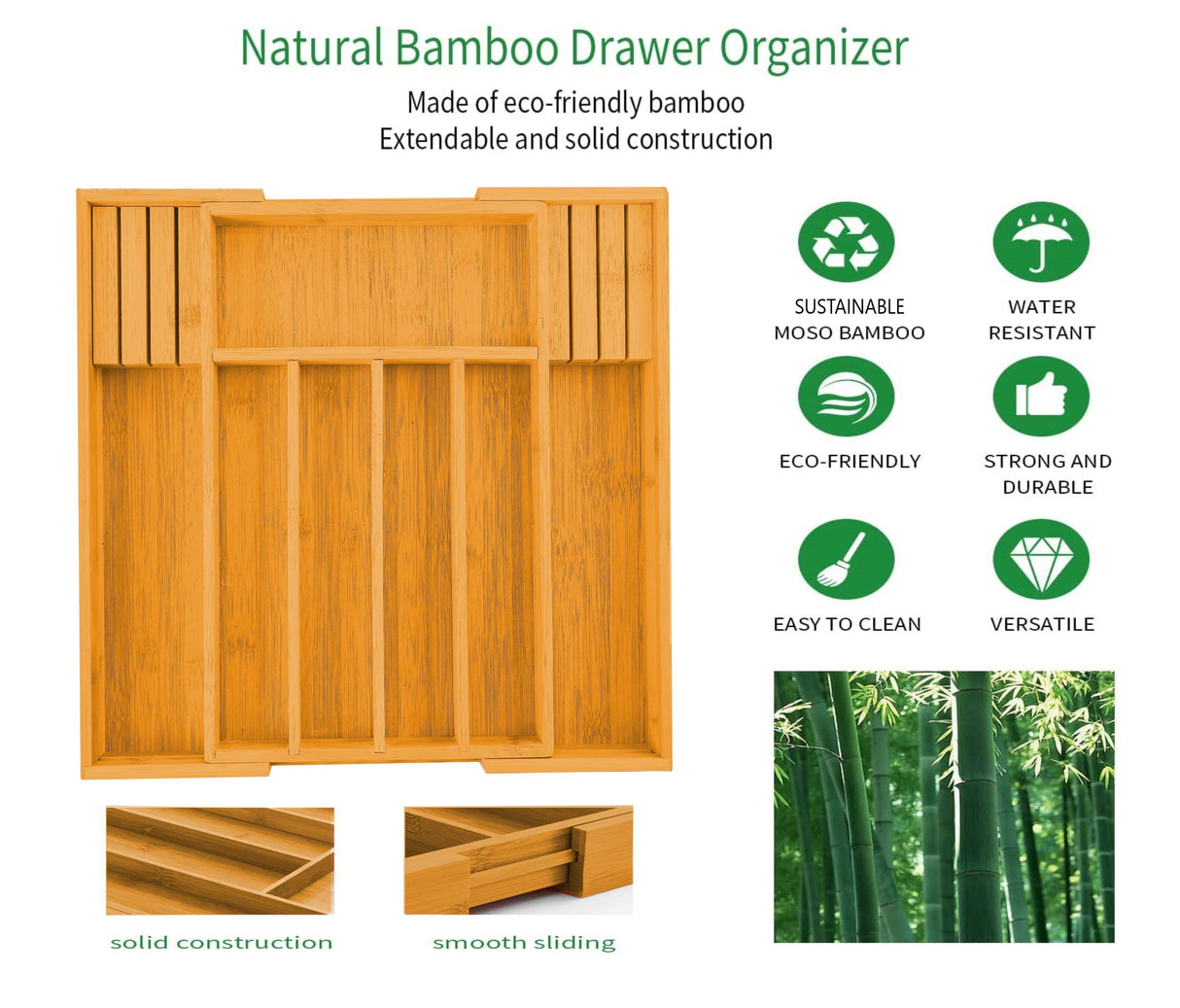 Bamboo Expandable Drawer Organizer Set with Knife Block - 2 Pack for Kitchen and Home Storage