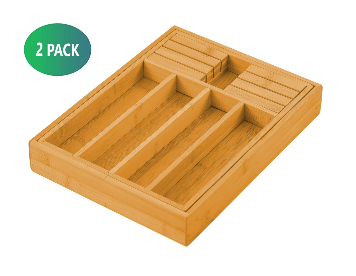 Bamboo Expandable Drawer Organizer Set with Knife Block - 2 Pack for Kitchen and Home Storage
