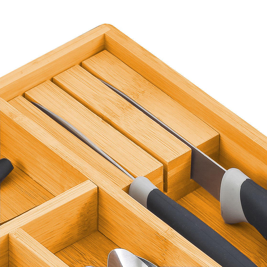 Bamboo Expandable Drawer Organizer Set with Knife Block - 2 Pack for Kitchen and Home Storage