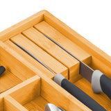 Bamboo Expandable Drawer Organizer Set with Knife Block - 2 Pack for Kitchen and Home Storage - Close-Up Angle