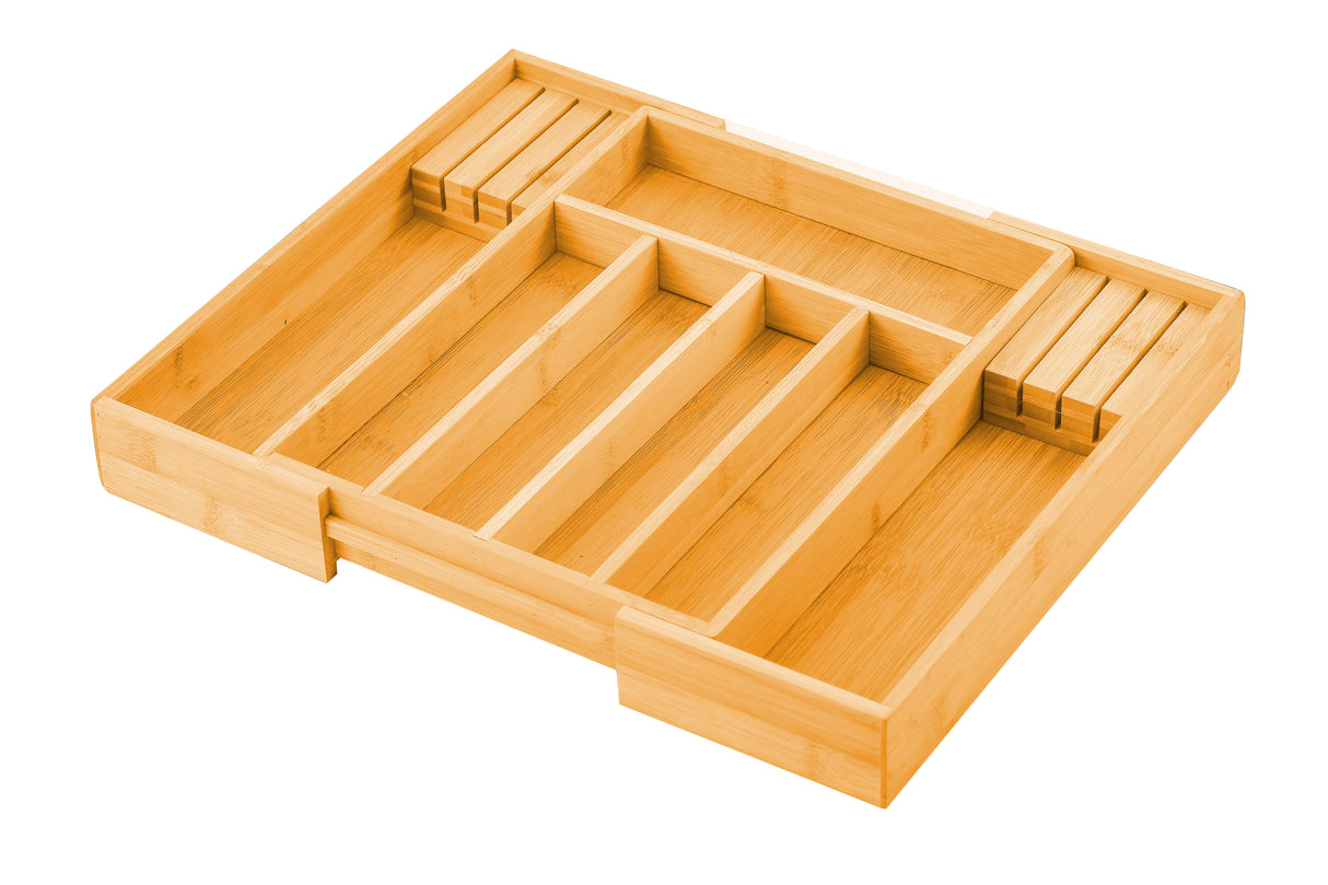 Bamboo Expandable Drawer Organizer Set with Knife Block - 2 Pack for Kitchen and Home Storage