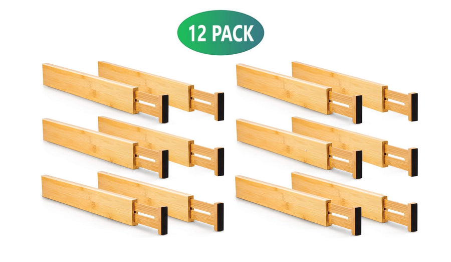 12 Pack Bamboo Adjustable Kitchen Drawer Dividers (Large, 44-55 cm), Adjustable