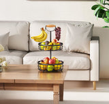 2-Tier Fruit Basket Bowl Storage with Wood Lift Handle and Dual Banana Tree Hanger for Kitchen Countertop - Front View