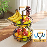 2-Tier Fruit Basket Bowl Storage with Wood Lift Handle and Dual Banana Tree Hanger for Kitchen Countertop - Top-Down View