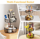 2-Tier Fruit Basket Bowl Storage with Wood Lift Handle and Dual Banana Tree Hanger for Kitchen Countertop - 45-Degree Angle