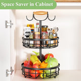 2-Tier Fruit Basket Bowl Storage with Wood Lift Handle and Dual Banana Tree Hanger for Kitchen Countertop - Rear View
