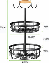 2-Tier Fruit Basket Bowl Storage with Wood Lift Handle and Dual Banana Tree Hanger for Kitchen Countertop