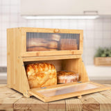 Double Layer Bamboo Bread Box for Kitchen Counter with Large Capacity and Clear Window - Front View