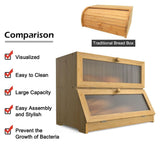Double Layer Bamboo Bread Box for Kitchen Counter with Large Capacity and Clear Window - Close-Up Angle
