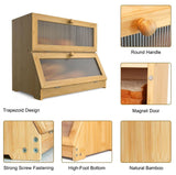 Double Layer Bamboo Bread Box for Kitchen Counter with Large Capacity and Clear Window - Low Angle