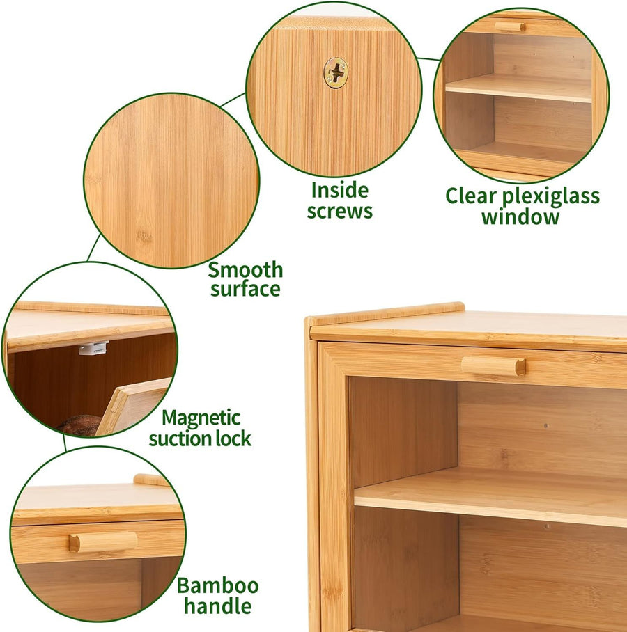 Double Layer Bamboo Bread Box for Kitchen Counter with Large Capacity and Transparent Window