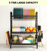 Dish Drying Rack 3 Tier Large Capacity Kitchen Storage with Utensil and Cutting Board Holder - Side View