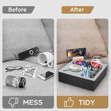 Wooden Couch Cup Holder Tray with Soft Silicone & Rotatable Phone Holder for Storaging Drinks & Snacks - Side View
