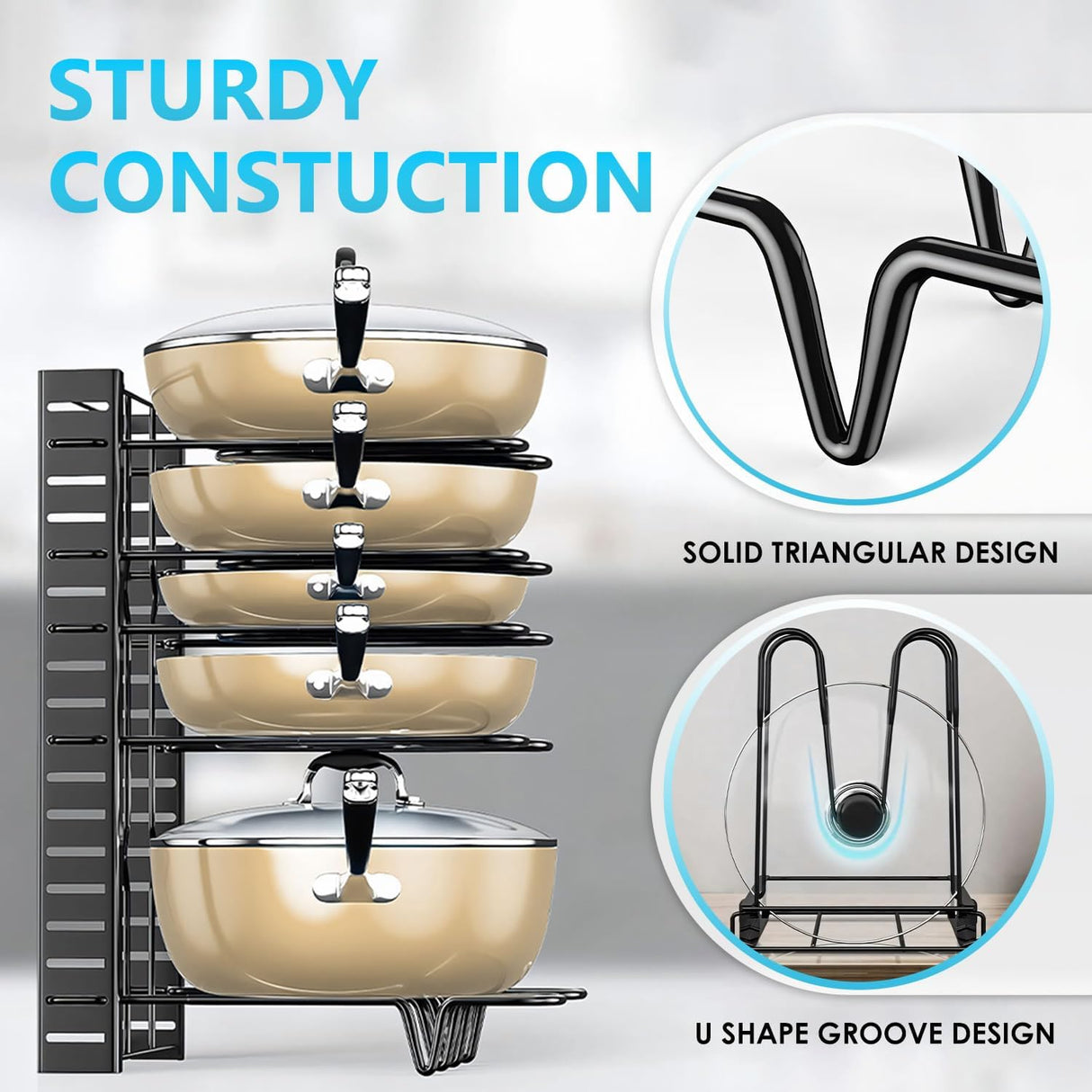 CARLA HOME Adjustable 8-Tier Pan Rack Pot Organizer for Kitchen Cabinet