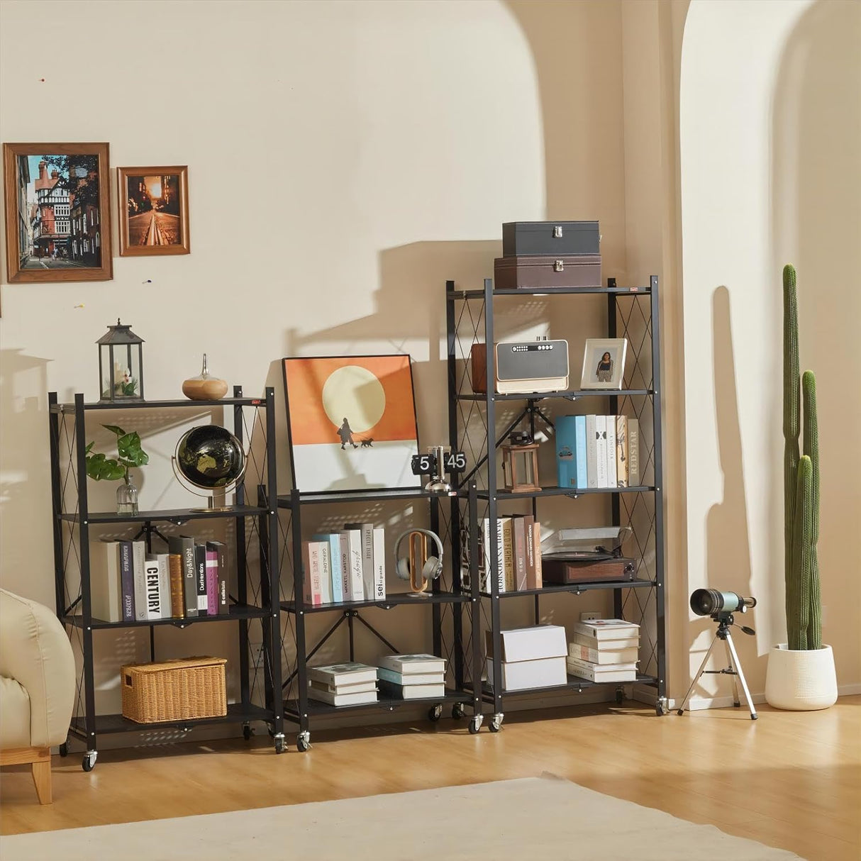 CARLA HOME 3-Tier Foldable Storage Shelf with Wheels for Kitchen, Garage, Pantry or Basement (Black)