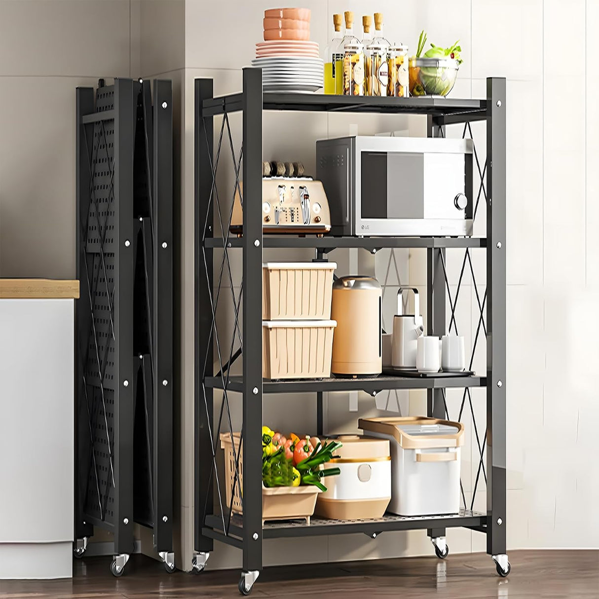 CARLA HOME 4-Tier Foldable Storage Shelf with Wheels for Kitchen Garage Pantry or Basement (Black)