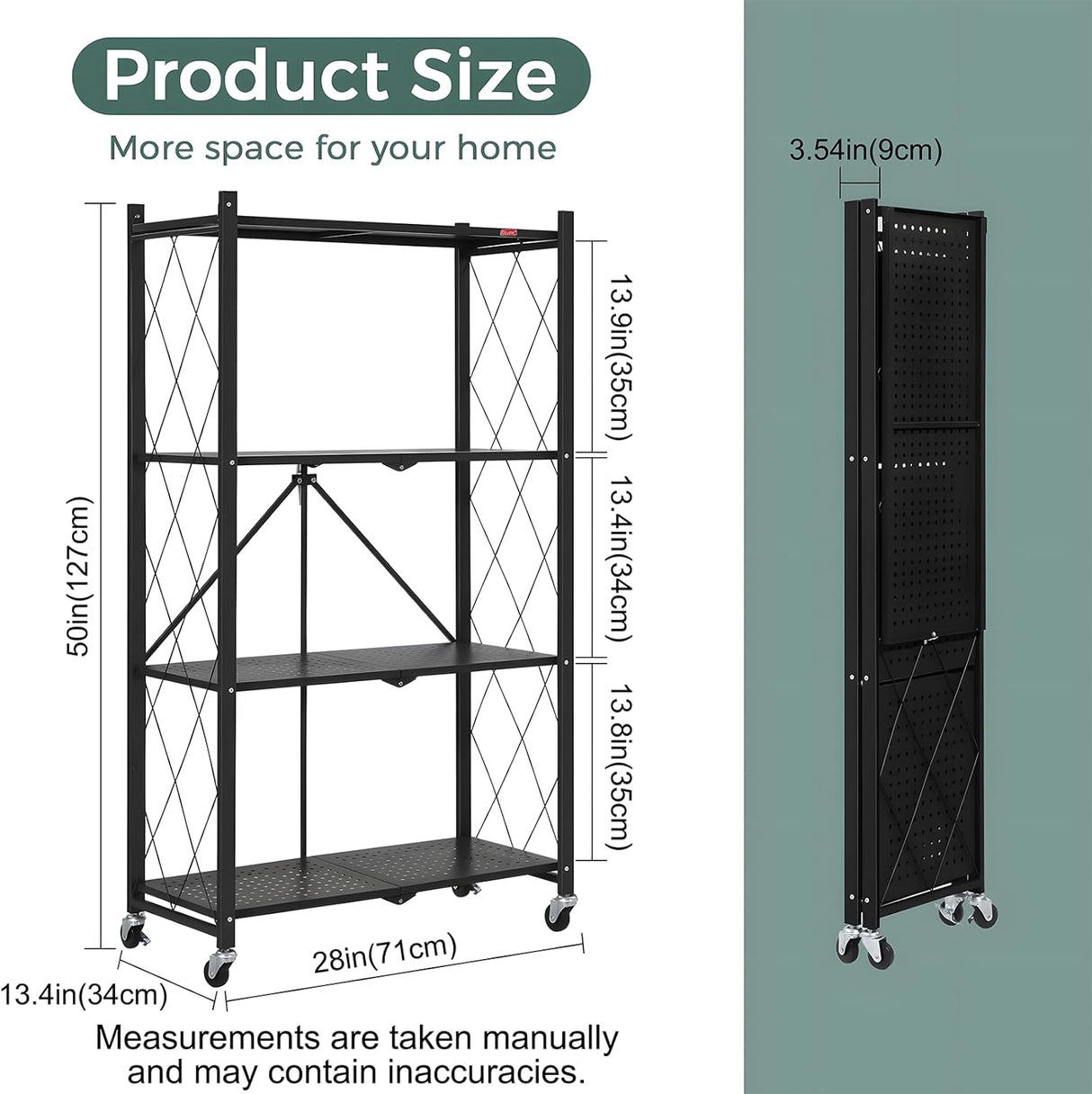 CARLA HOME 4-Tier Foldable Storage Shelf with Wheels for Kitchen Garage Pantry or Basement (Black)