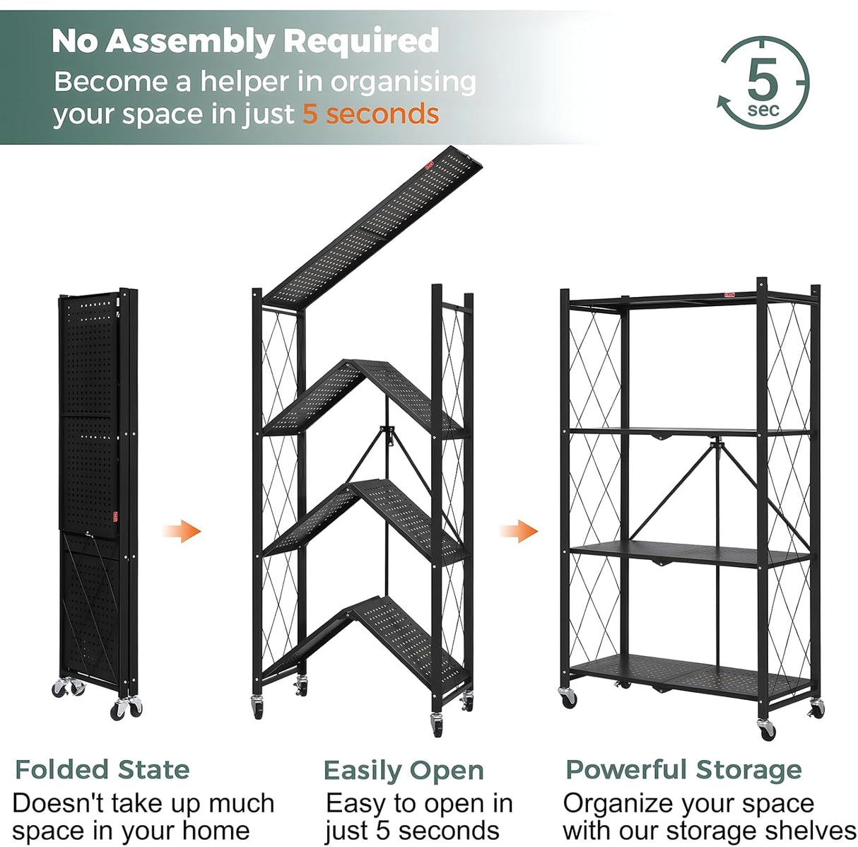 CARLA HOME 4-Tier Foldable Storage Shelf with Wheels for Kitchen Garage Pantry or Basement (Black)