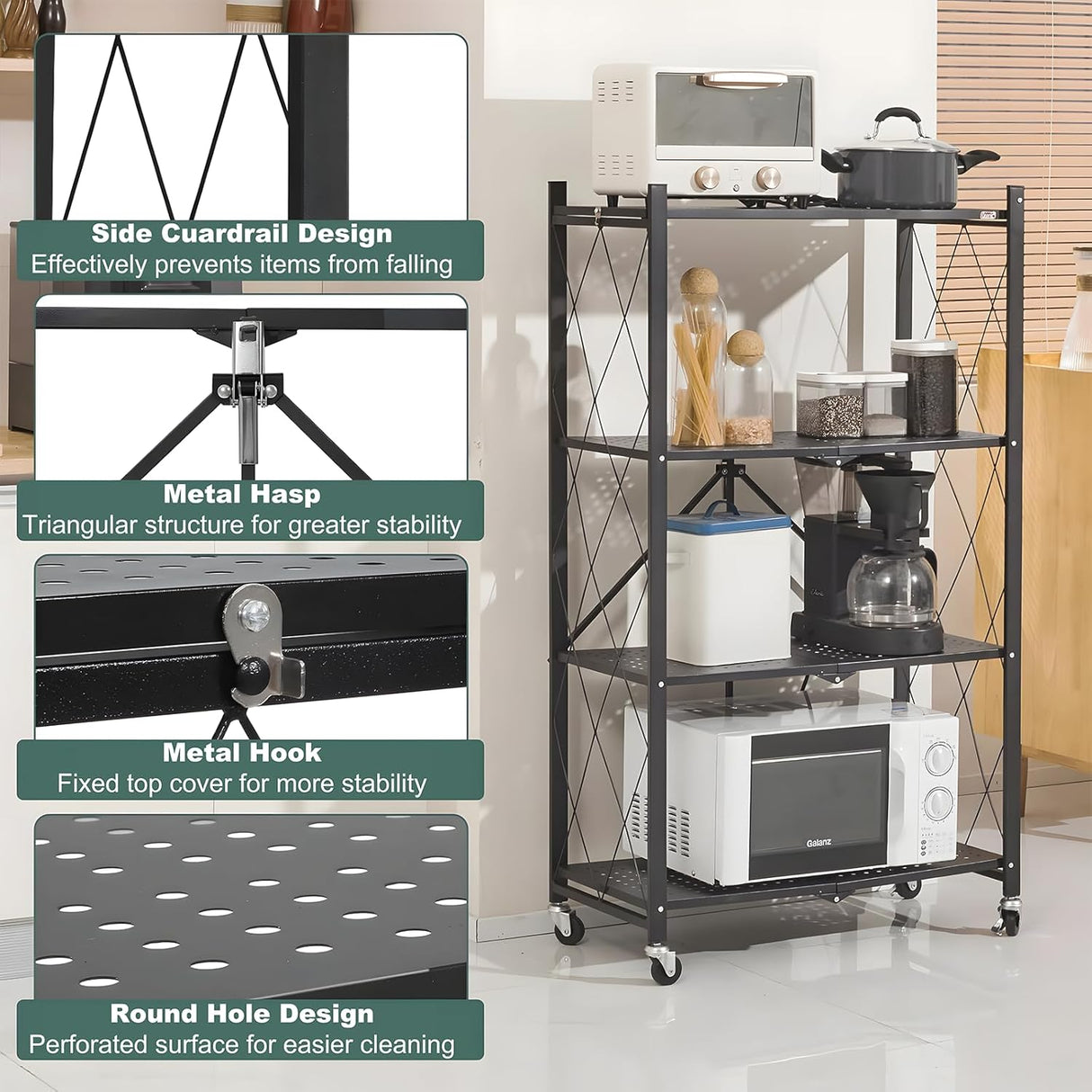 CARLA HOME 4-Tier Foldable Storage Shelf with Wheels for Kitchen Garage Pantry or Basement (Black)