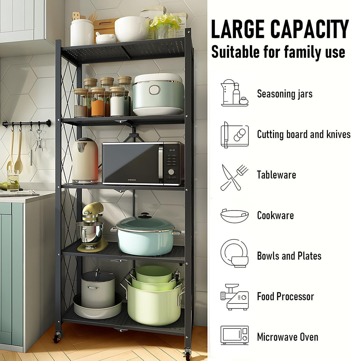 CARLA HOME 5-Tier Foldable Storage Shelf with Wheels for Kitchen Garage Pantry or Basement (Black)