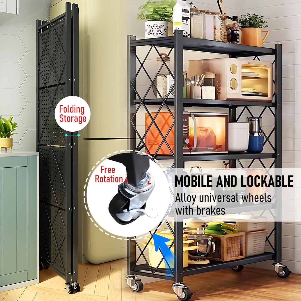 CARLA HOME 5-Tier Foldable Storage Shelf with Wheels for Kitchen Garage Pantry or Basement (Black)