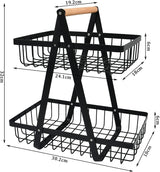 CARLA HOME 2-Tier Fruit Basket Stand for Kitchen Countertop for Fruits, Vegetables, Bread & Snacks with Wooden Handle - Top-Down View
