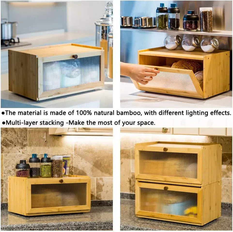CARLA HOME Bamboo Bread Box, Kitchen Countertop Storage, Window Bread Holder