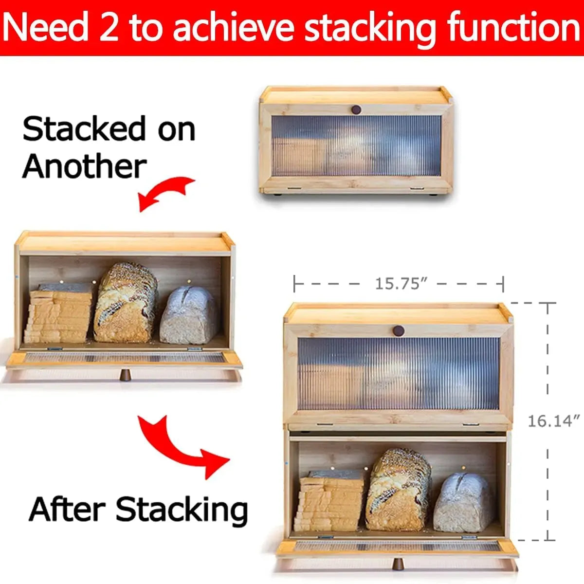 CARLA HOME Bamboo Bread Box, Kitchen Countertop Storage, Window Bread Holder