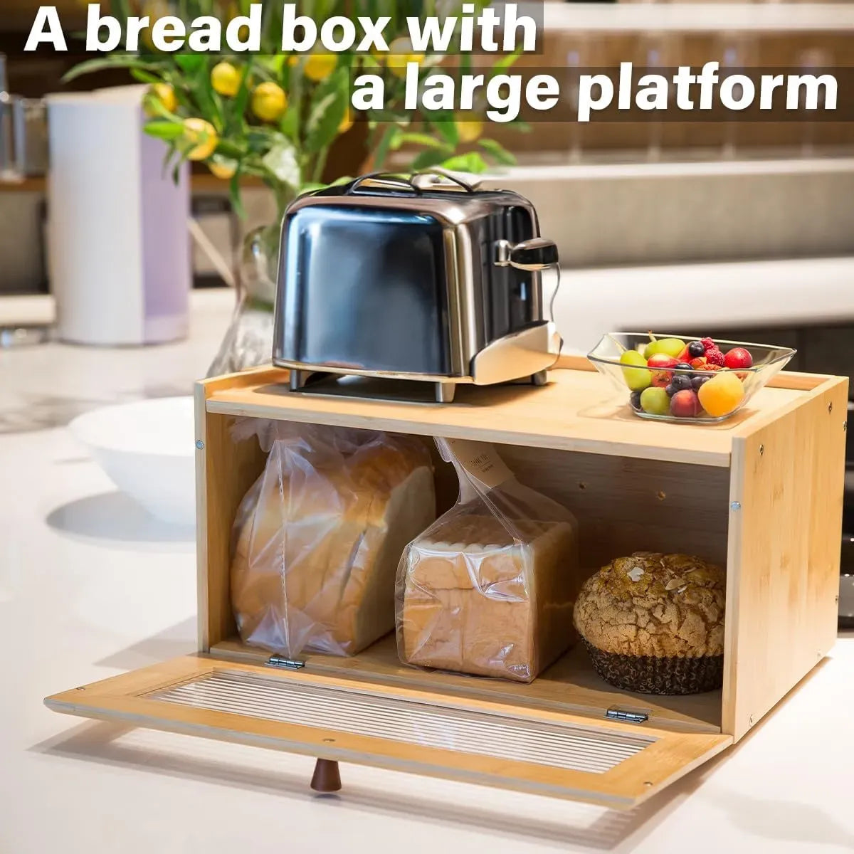 CARLA HOME Bamboo Bread Box, Kitchen Countertop Storage, Window Bread Holder