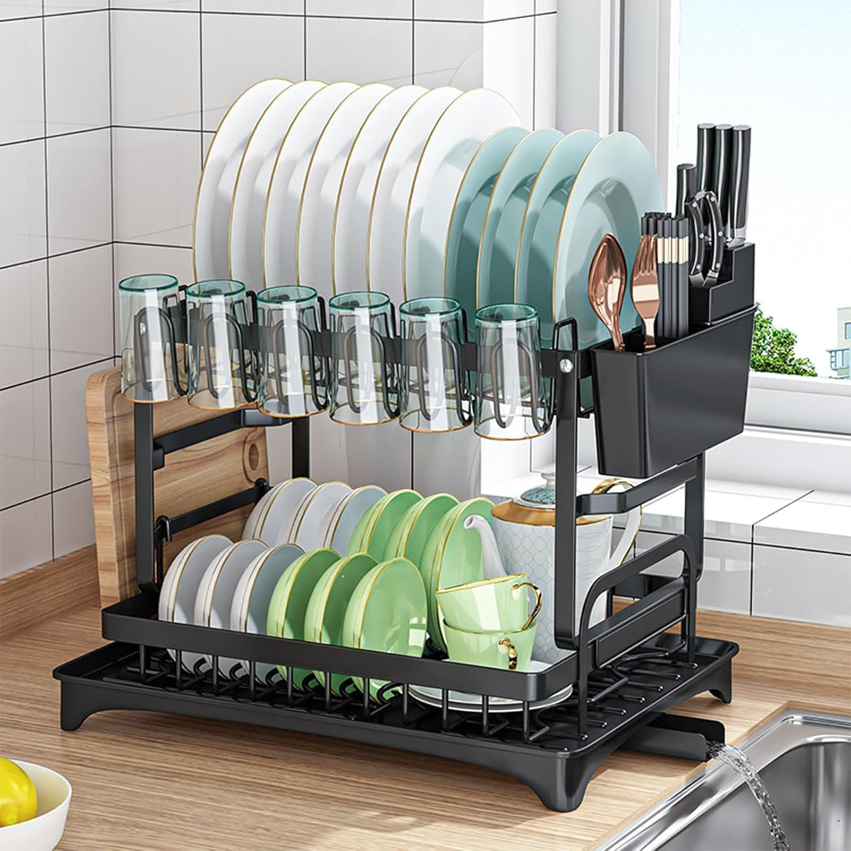 CARLA HOME 2-Tier Dish Drying Rack with Drainage Tray, Utensil Holder, Cup Hooks & Cutting Board Slot for Countertop Kitchen Storage (Black)