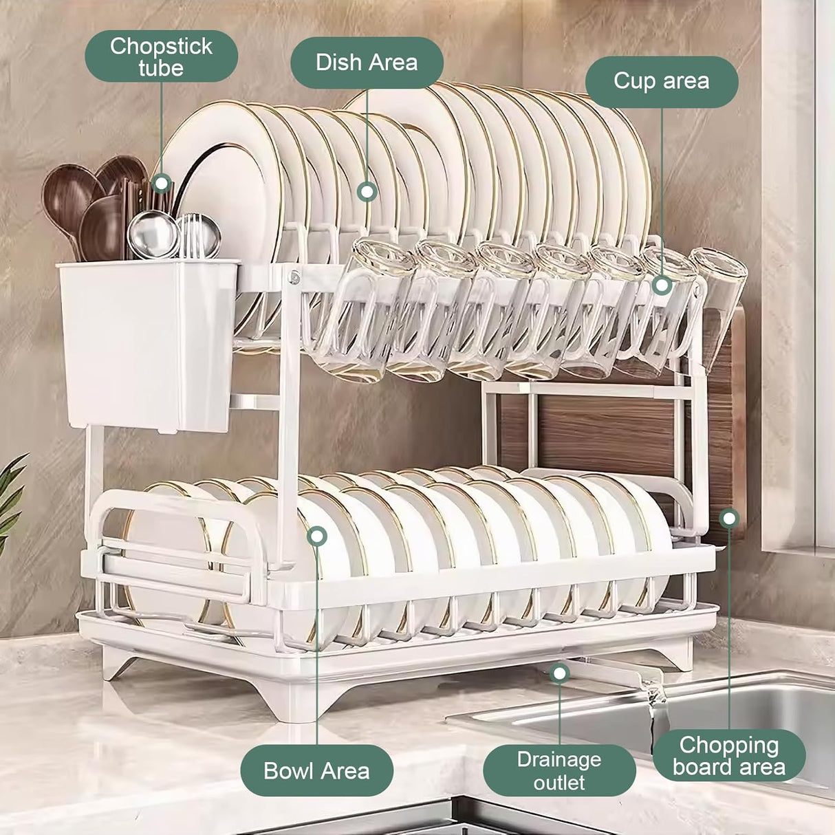 CARLA HOME 2-Tier Dish Drying Rack with Drainage Tray, Utensil Holder, Cup Hooks & Cutting Board Slot for Countertop Kitchen Storage (White)