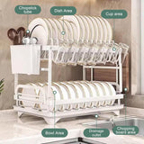 CARLA HOME 2-Tier Dish Drying Rack with Drainage Tray, Utensil Holder, Cup Hooks & Cutting Board Slot for Countertop Kitchen Storage (White) - Side View
