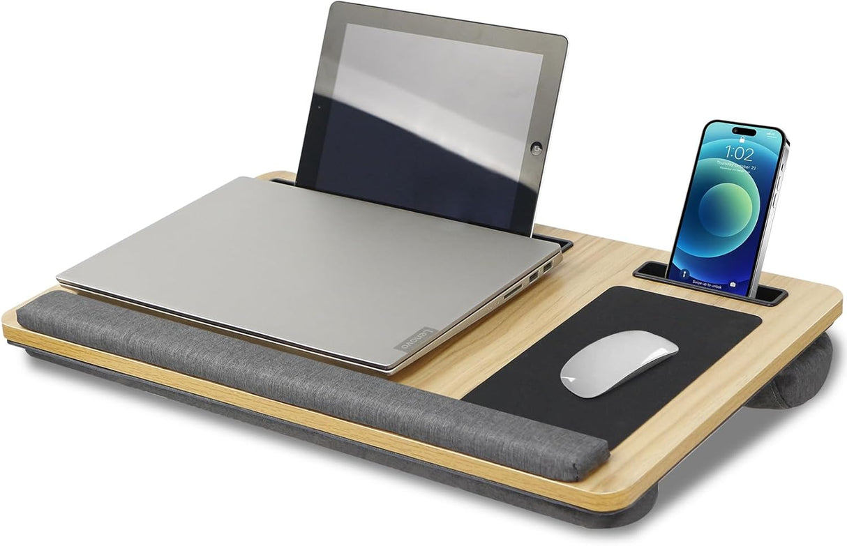 CARLA HOME Oversized Portable Lap Desk with Cushion,Mouse Pad, Tablet and Phone Holder which Fits Up to 17 Inch Laptops for Bed or Sofa (Brown)