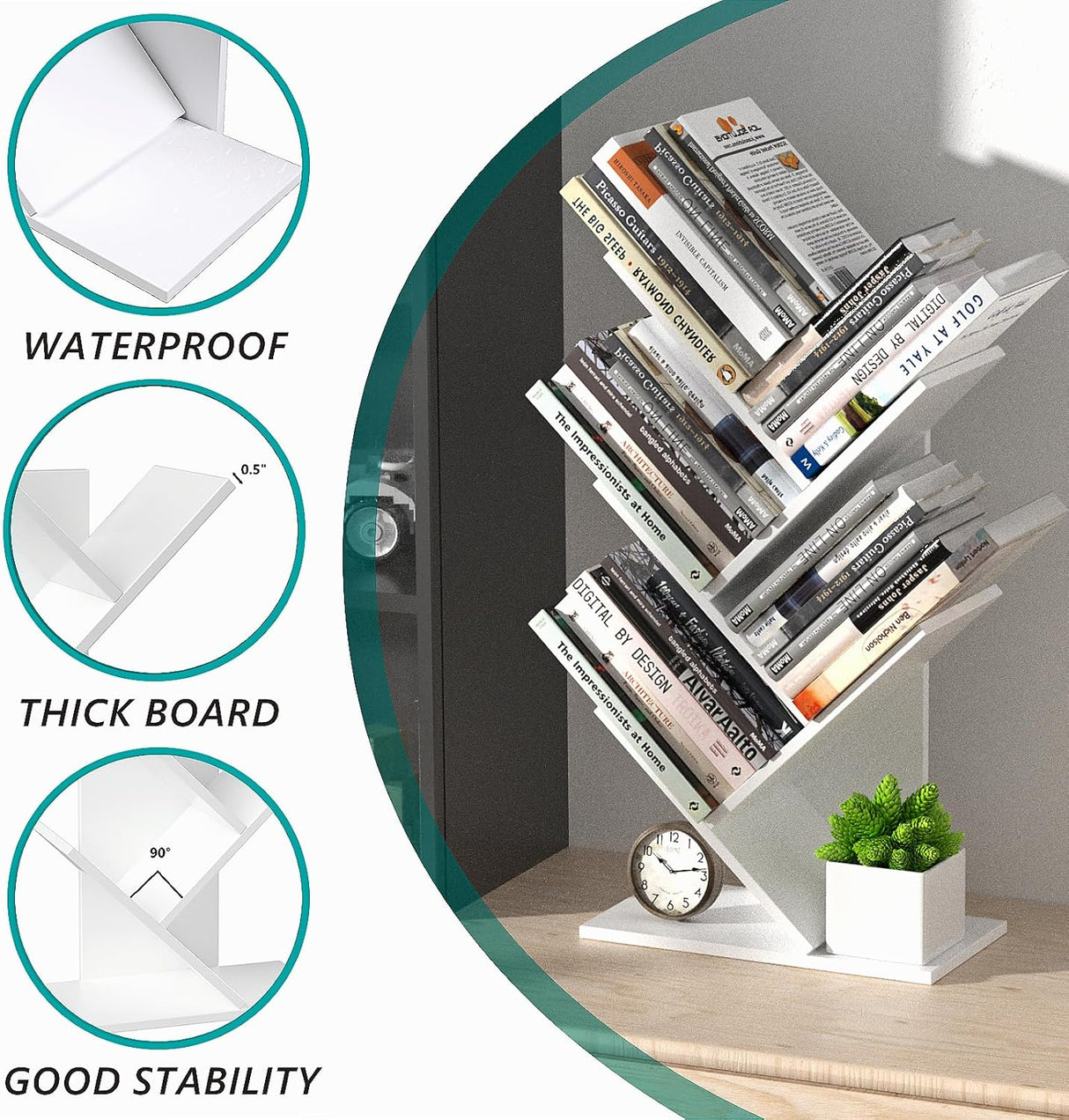 CARLA HOME 5-Tier Tree Bookshelf Storage Rack for Home Office or Bedroom (White)