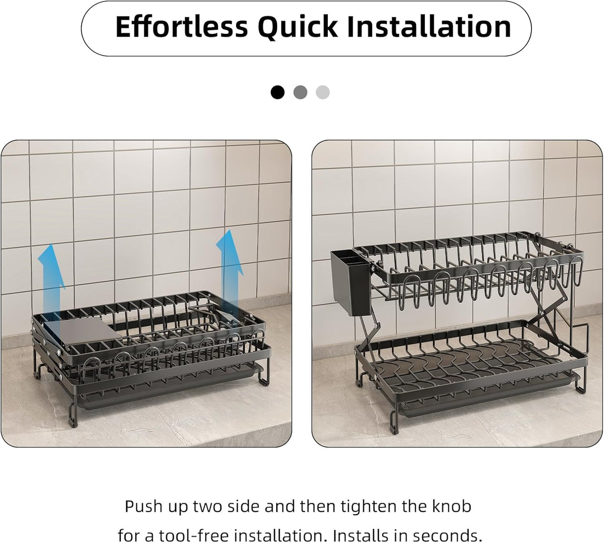 CARLA HOME 2-Tier Dish Drying Rack with Drainage Tray, Utensil Holder, Cup Hooks & Cutting Board Rack for Kitchen (Black)
