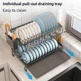 CARLA HOME 2-Tier Dish Drying Rack with Drainage Tray, Utensil Holder, Cup Hooks & Cutting Board Rack for Kitchen (Black) - 45-Degree Angle