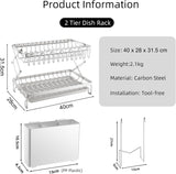 CARLA HOME 2-Tier Dish Drying Rack with Drainage Tray, Utensil Holder, Cup Hooks & Cutting Board Rack for Kitchen (White) - Front View
