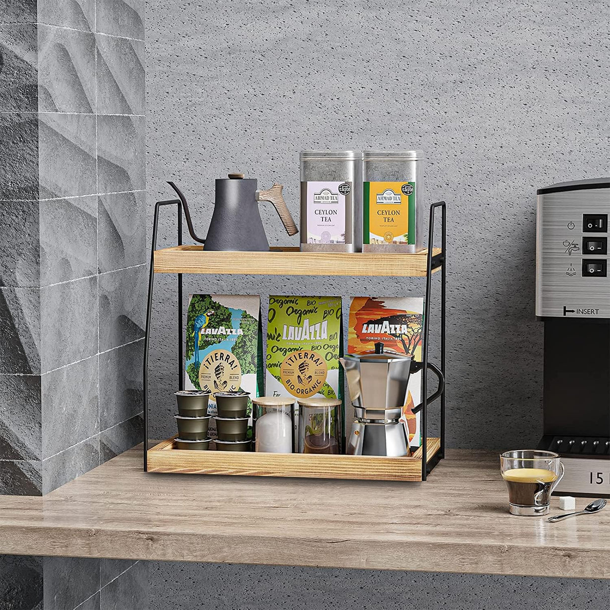 CARLA HOME 2-Tier Wooden Coffee Station Rack Organizer for Coffee Bar, Condiments, Syrups, Storage Jars & Spice Storage Shelf