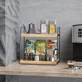 CARLA HOME 2-Tier Wooden Coffee Station Rack Organizer for Coffee Bar, Condiments, Syrups, Storage Jars & Spice Storage Shelf - Close-Up Angle