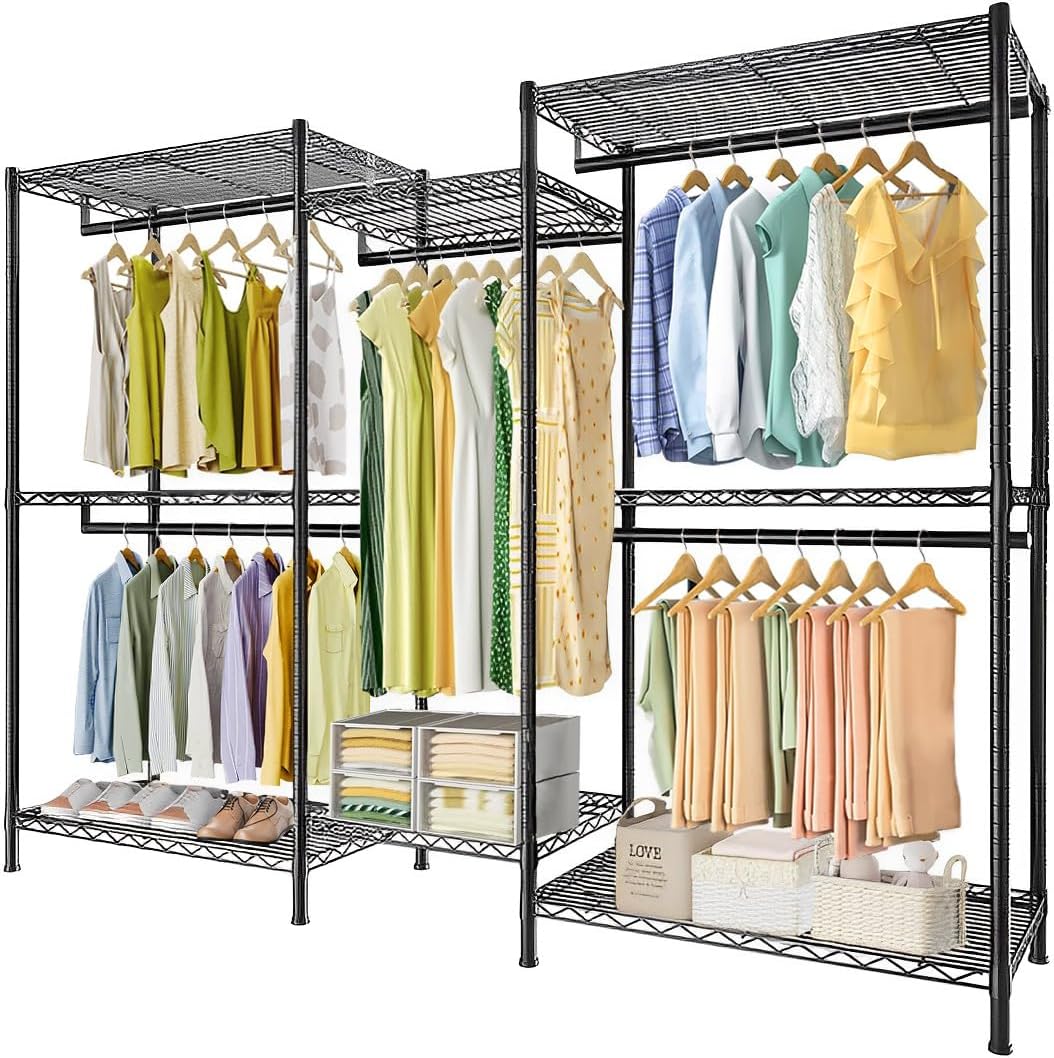 CARLA HOME Heavy Duty Clothing Garment Rack Organizer with Hanging Rods & Storage Shelves for Clothe