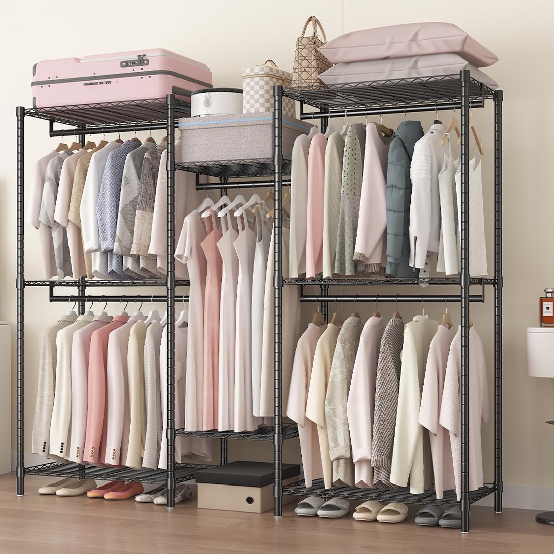 CARLA HOME Heavy Duty Clothing Garment Rack Organizer with Hanging Rods & Storage Shelves for Clothe